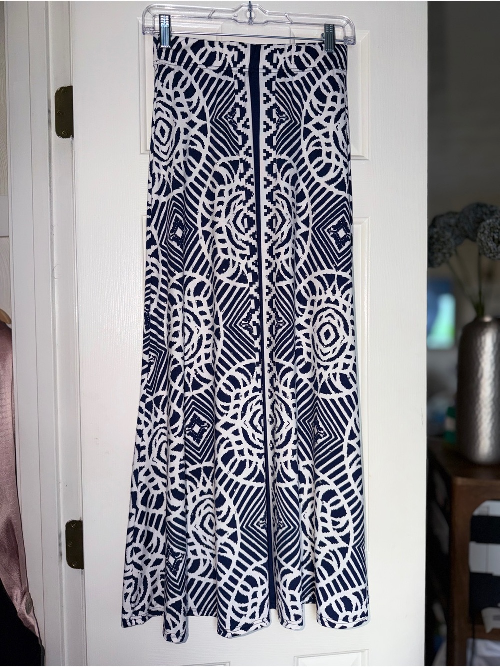 Navy and White Patterned Maxi Skirt. Embellished with tiny silver studs. Sz S